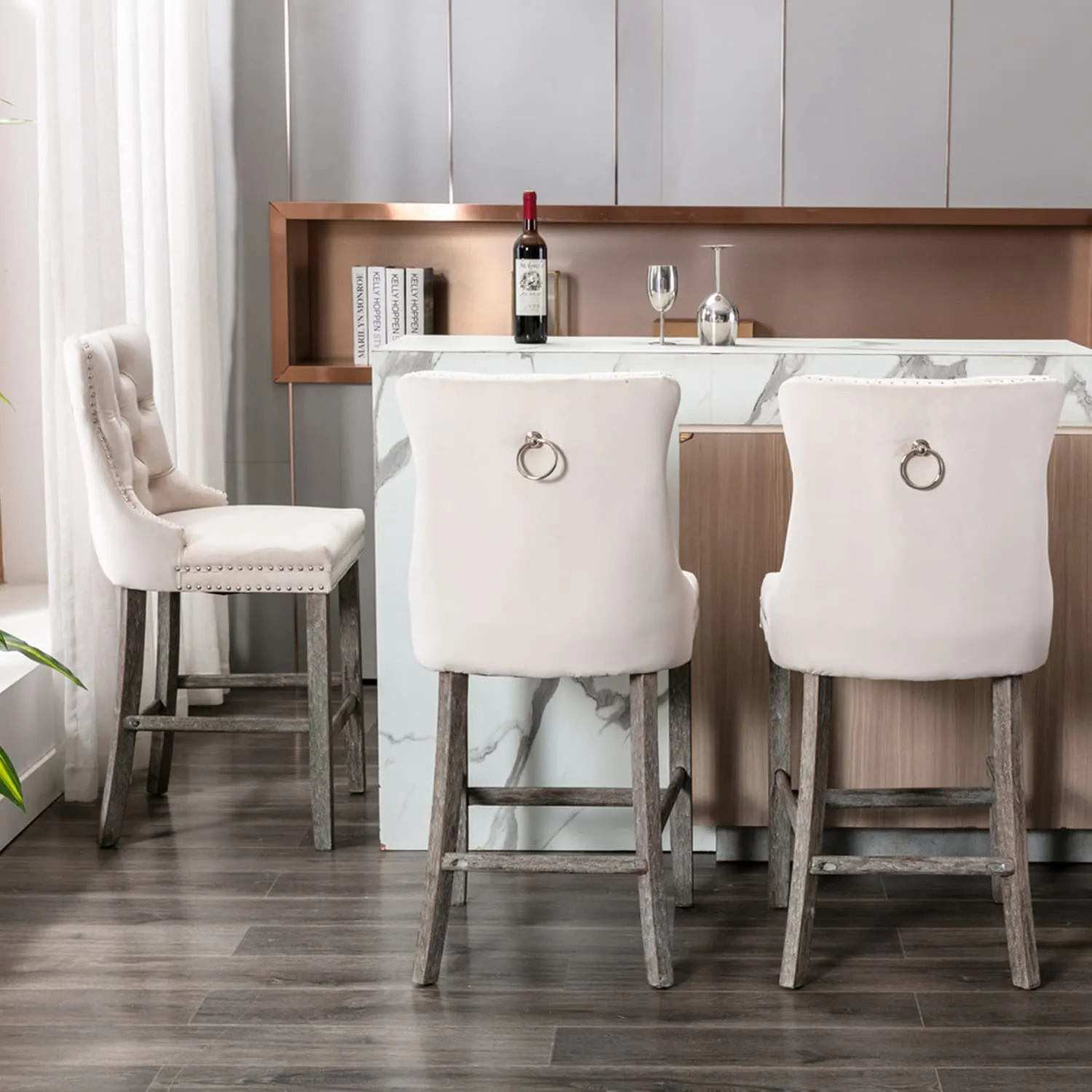 4x Velvet Bar Stools | Studs Trim | Wooden Legs | Tufted Dining Chairs | Kitchen