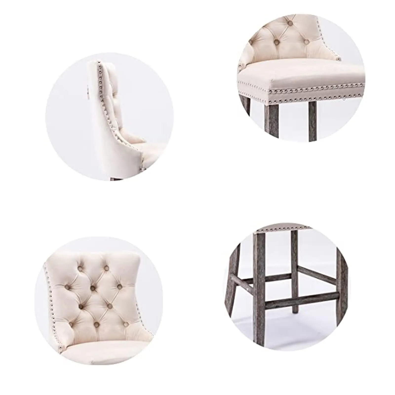4x Velvet Bar Stools | Studs Trim | Wooden Legs | Tufted Dining Chairs | Kitchen