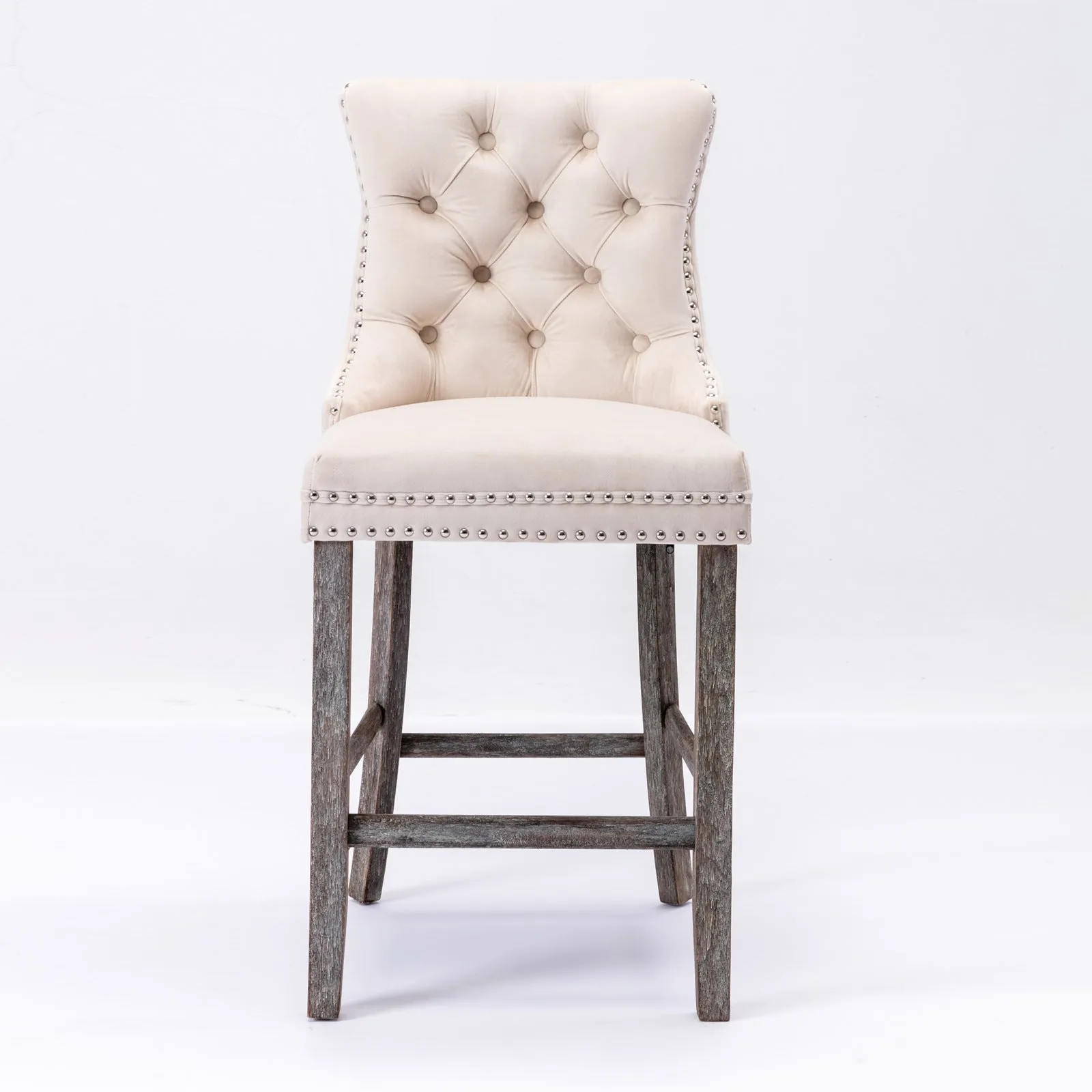 4x Velvet Bar Stools | Studs Trim | Wooden Legs | Tufted Dining Chairs | Kitchen