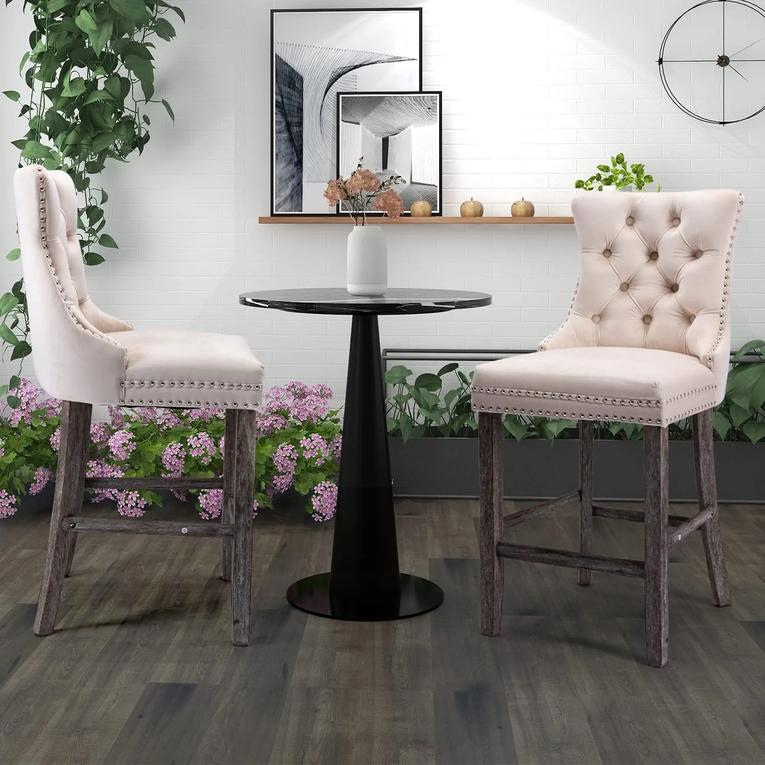 4x Velvet Bar Stools | Studs Trim | Wooden Legs | Tufted Dining Chairs | Kitchen