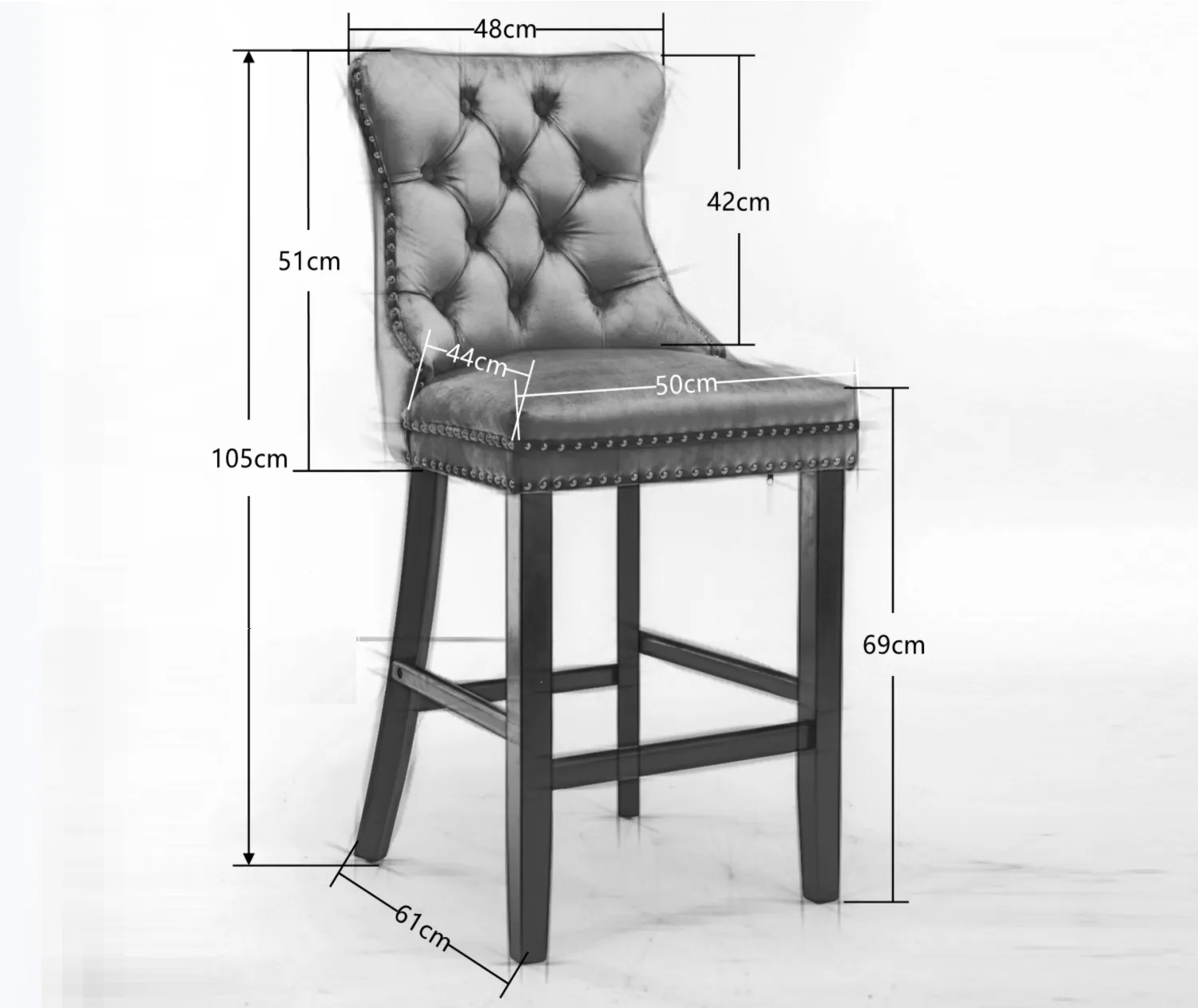 4x Velvet Bar Stools | Studs Trim | Wooden Legs | Tufted Dining Chairs | Kitchen