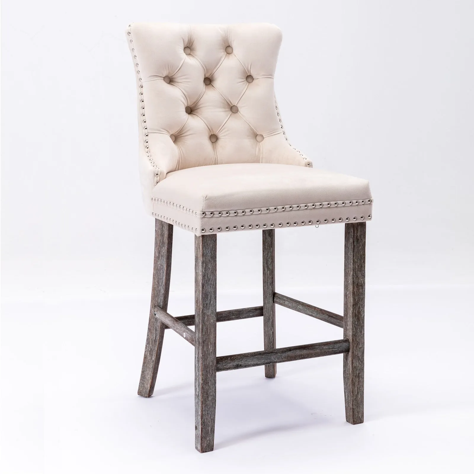 4x Velvet Bar Stools | Studs Trim | Wooden Legs | Tufted Dining Chairs | Kitchen