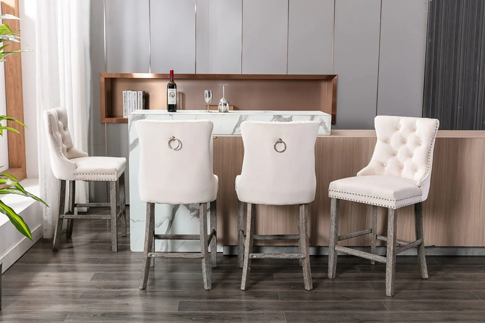 4x Velvet Bar Stools | Studs Trim | Wooden Legs | Tufted Dining Chairs | Kitchen