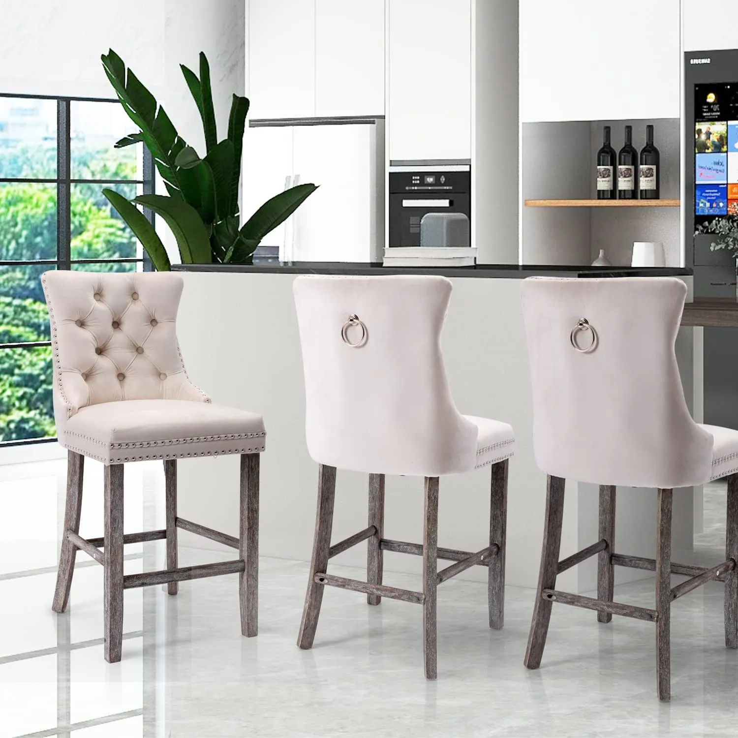 4x Velvet Bar Stools | Studs Trim | Wooden Legs | Tufted Dining Chairs | Kitchen