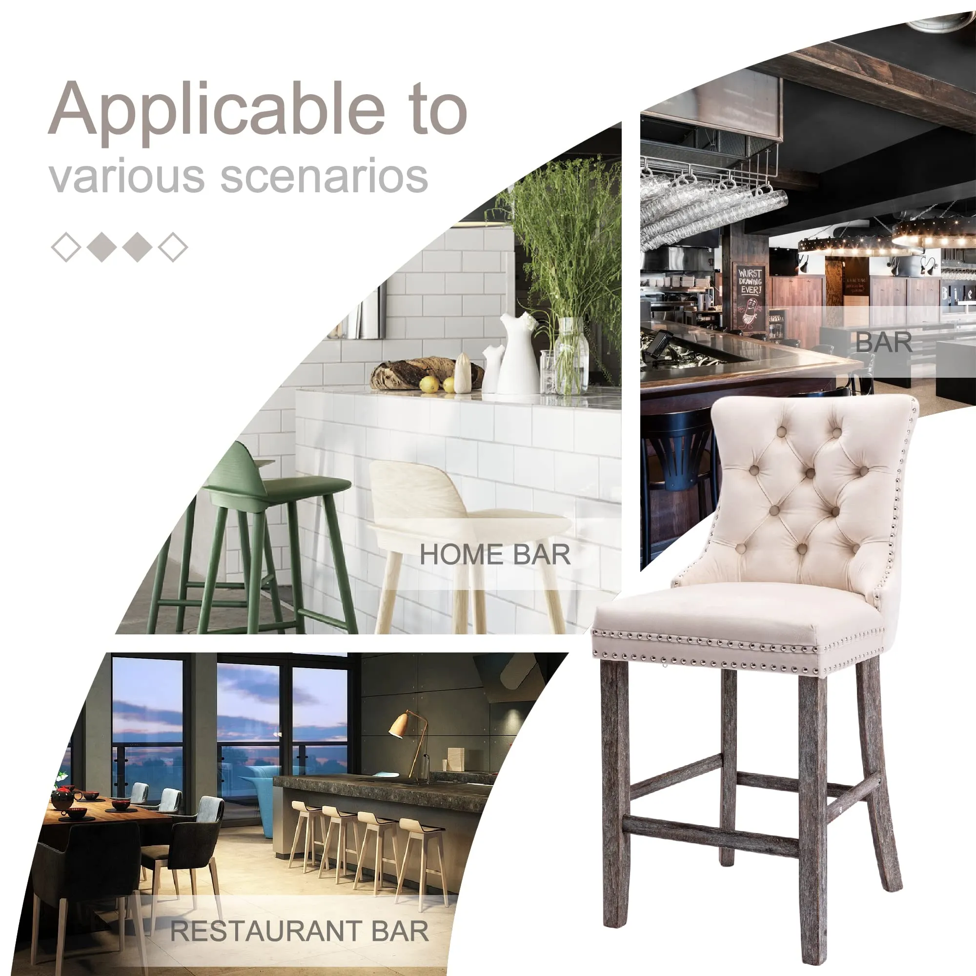 4x Velvet Bar Stools | Studs Trim | Wooden Legs | Tufted Dining Chairs | Kitchen