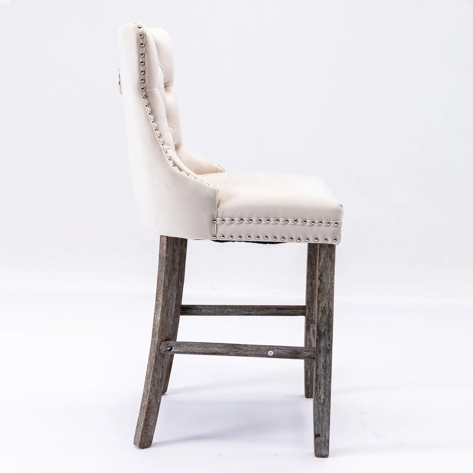 4x Velvet Bar Stools | Studs Trim | Wooden Legs | Tufted Dining Chairs | Kitchen