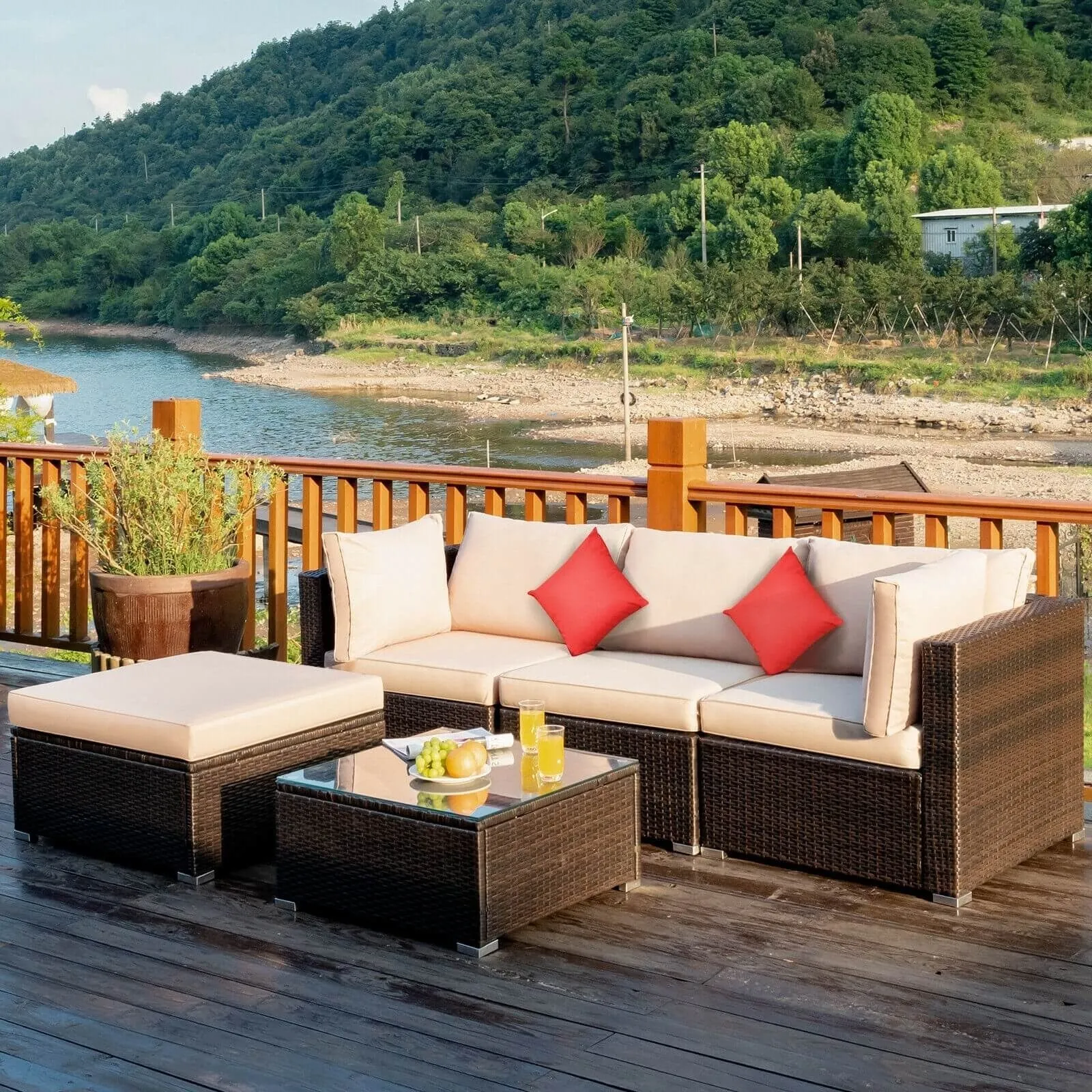 5pc Patio Rattan Conversation Set - Beige