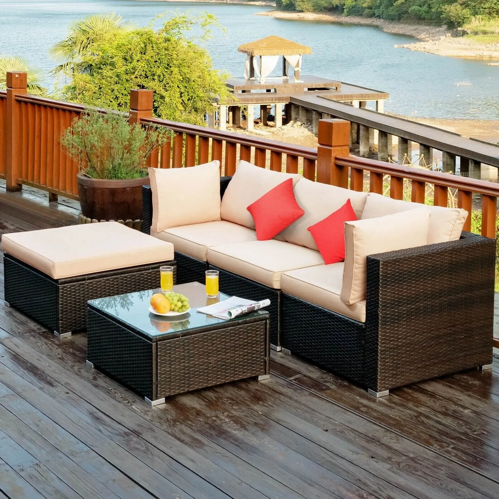 5pc Patio Rattan Conversation Set - Beige