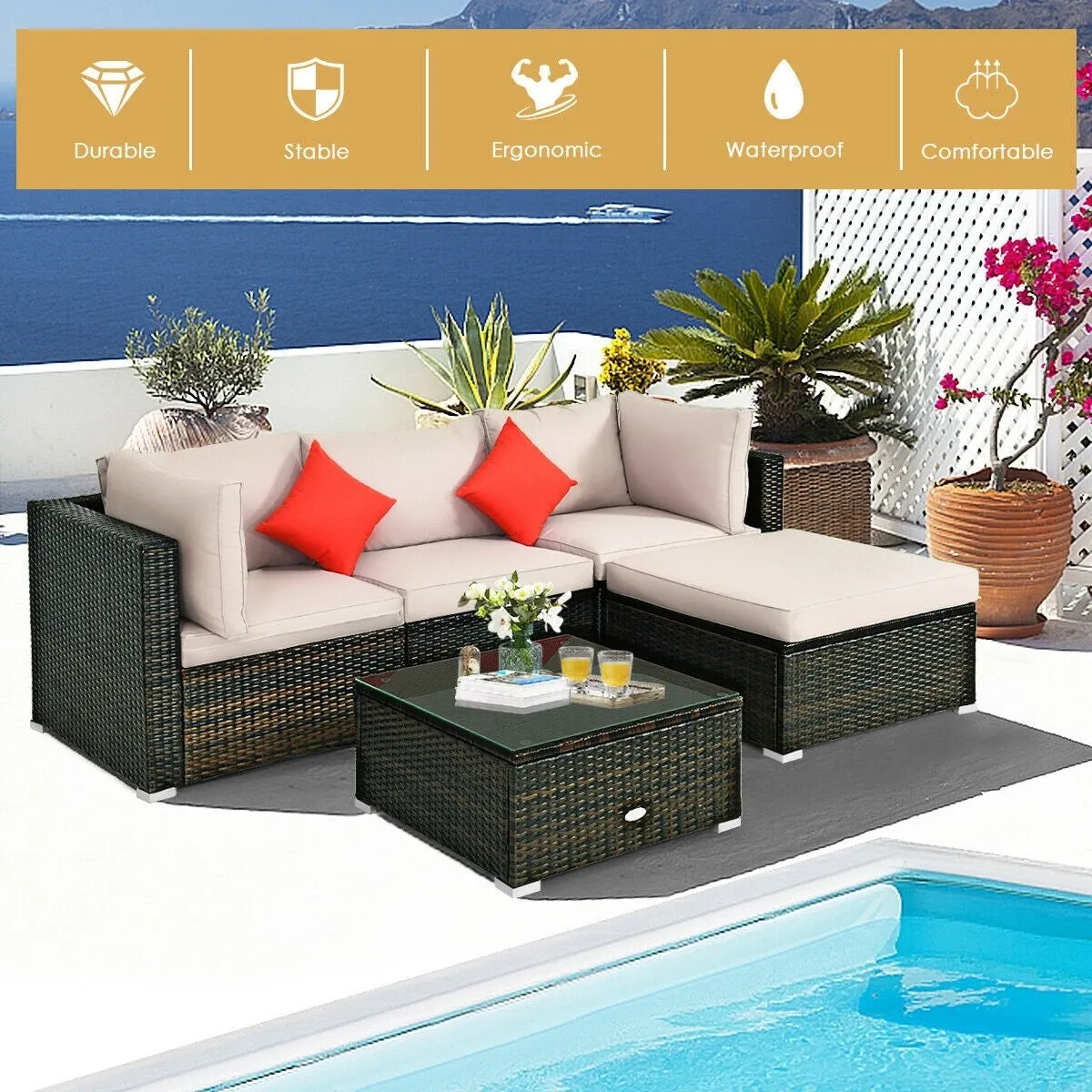 5pc Patio Rattan Conversation Set - Beige