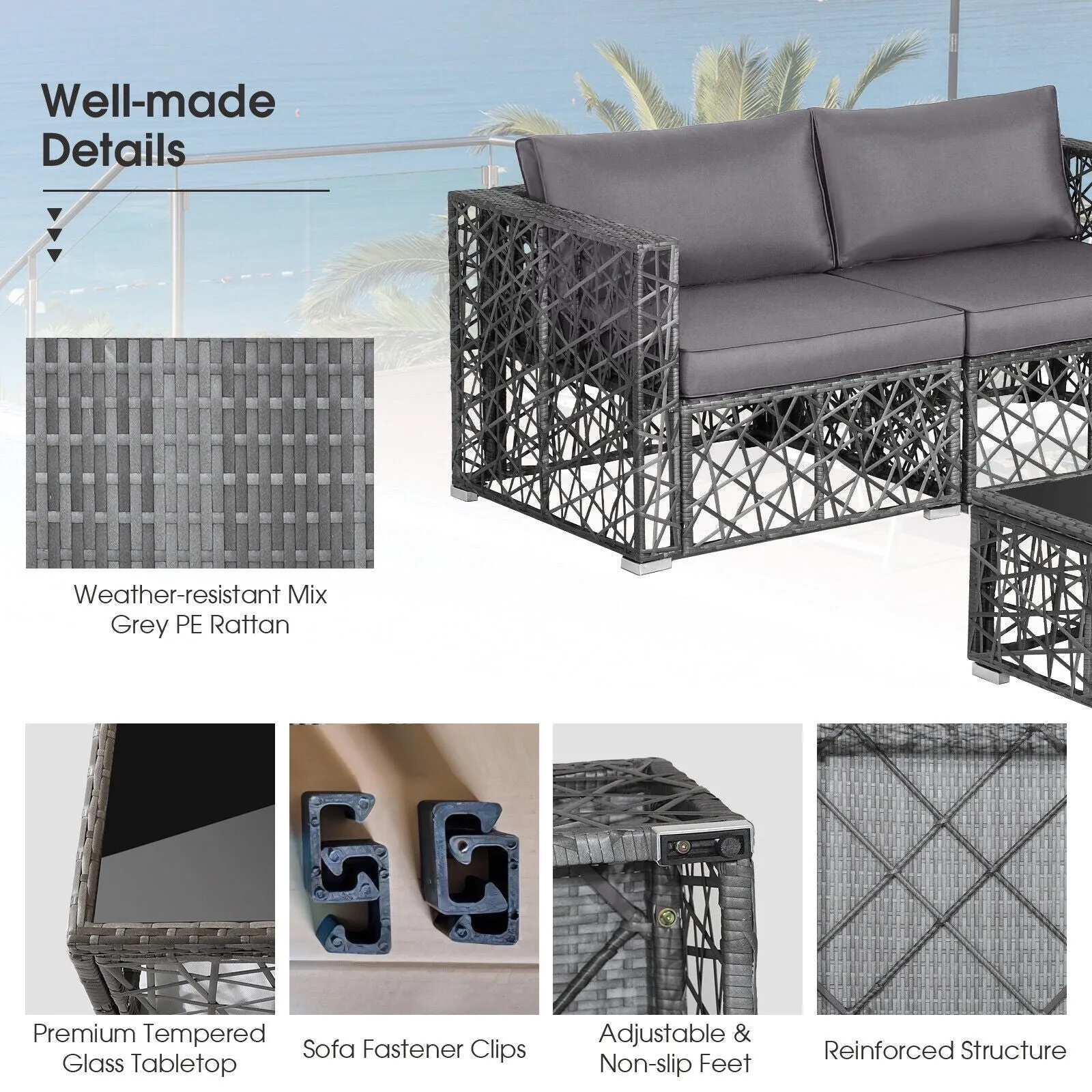 5pc Wicker Patio Rattan Sofa Set - Gray
