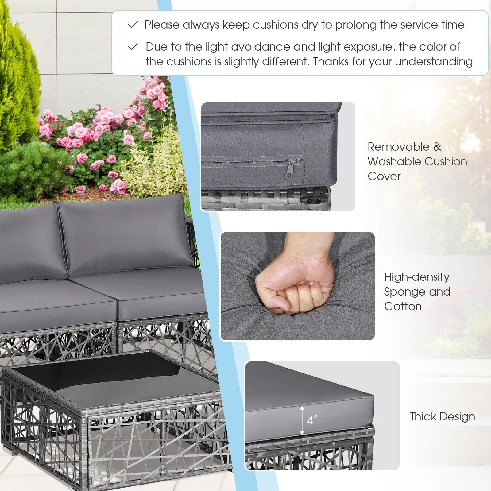 5pc Wicker Patio Rattan Sofa Set - Gray