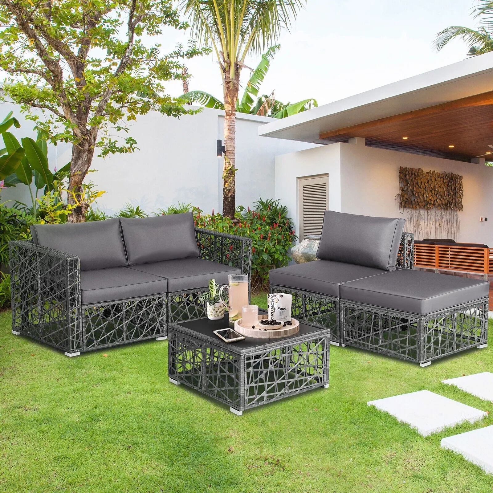 5pc Wicker Patio Rattan Sofa Set - Gray