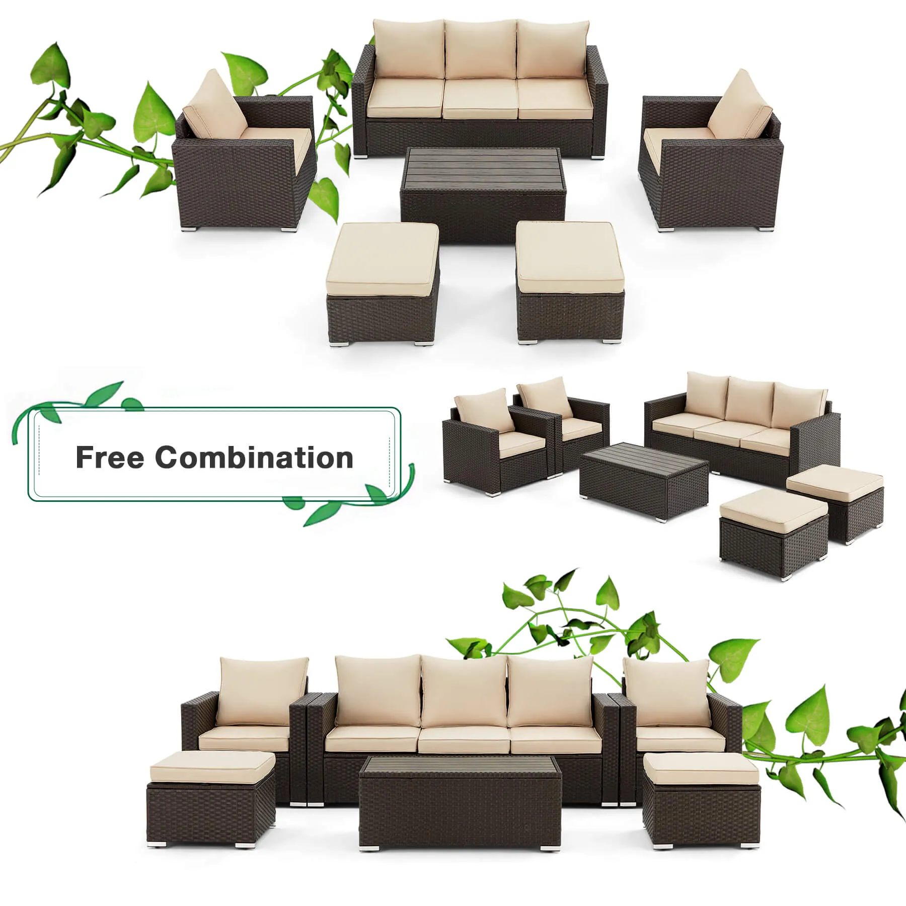 6 Pcs Outdoor Sectional Sofa Sets with Coffee Table, Khaki