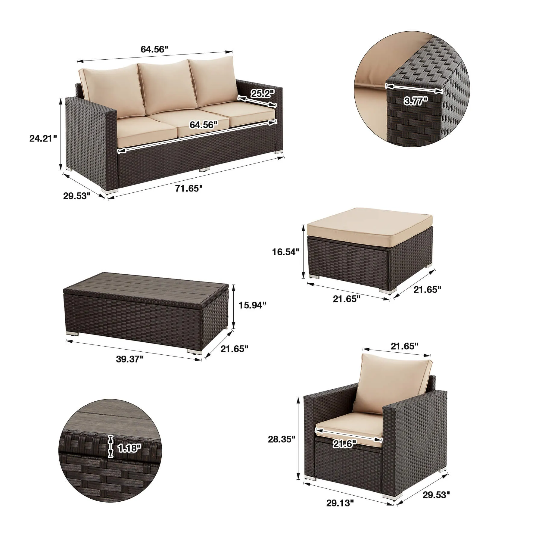 6 Pcs Outdoor Sectional Sofa Sets with Coffee Table, Khaki
