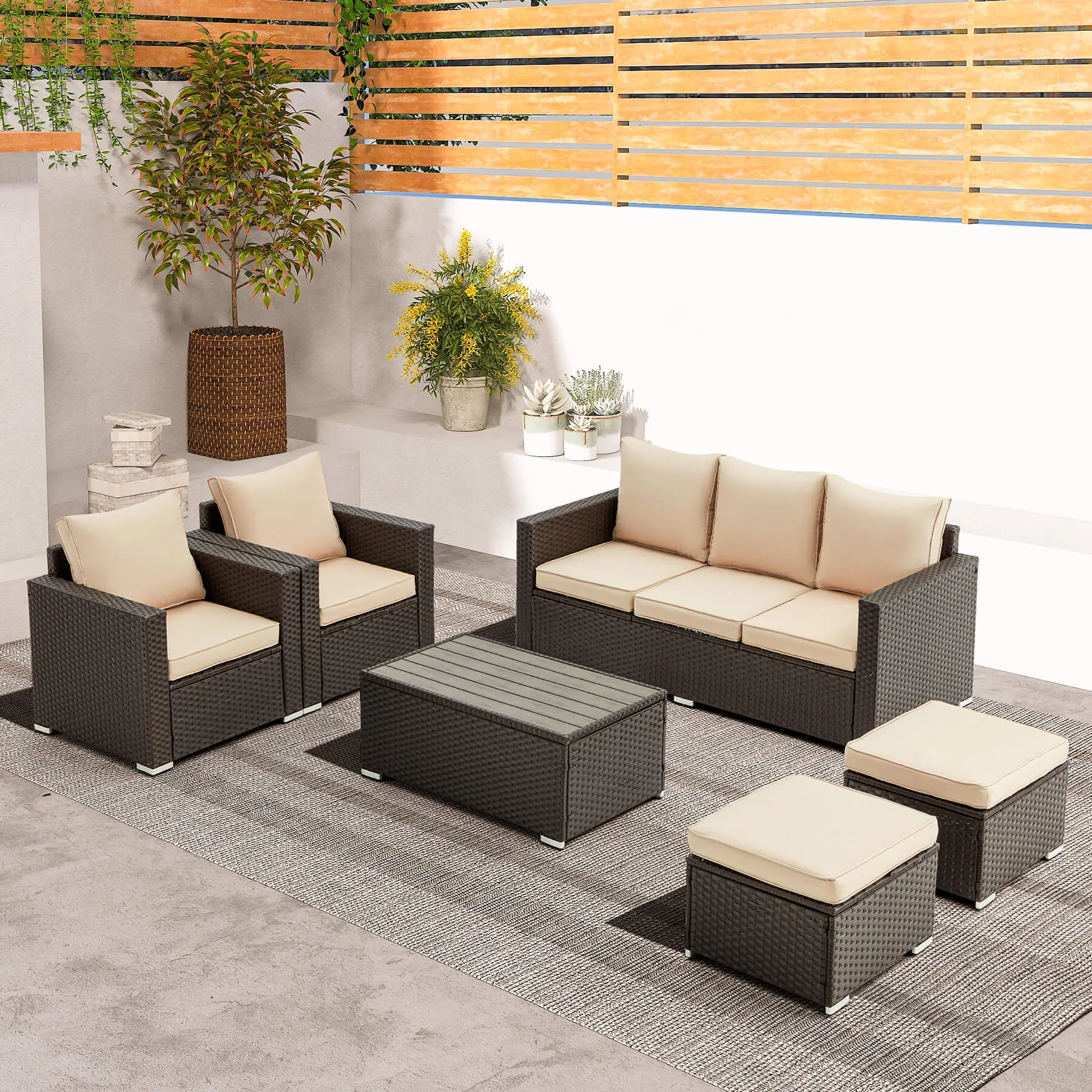 6 Pcs Outdoor Sectional Sofa Sets with Coffee Table, Khaki