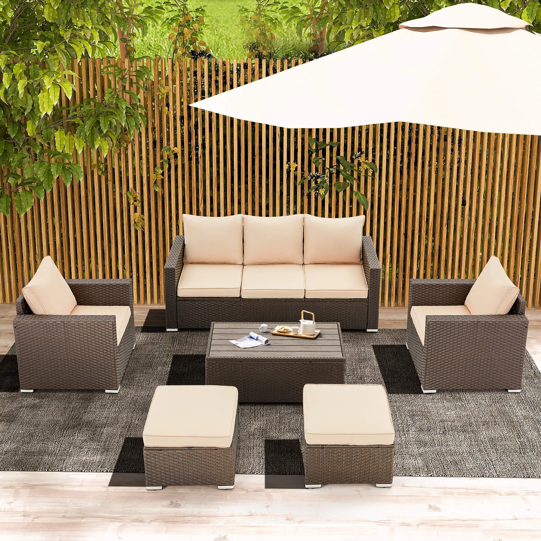 6 Pcs Outdoor Sectional Sofa Sets with Coffee Table, Khaki
