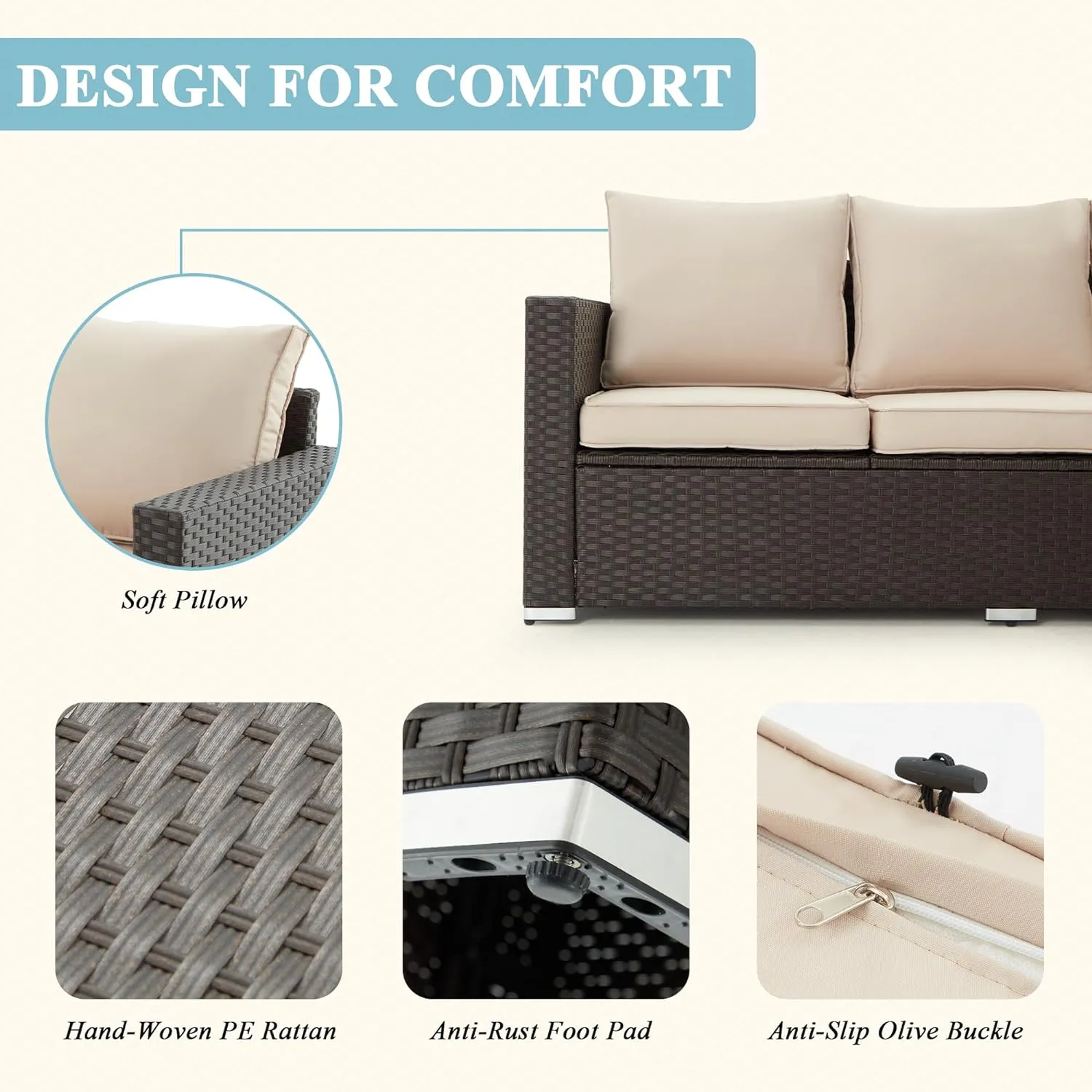 6 Pcs Outdoor Sectional Sofa Sets with Coffee Table, Khaki