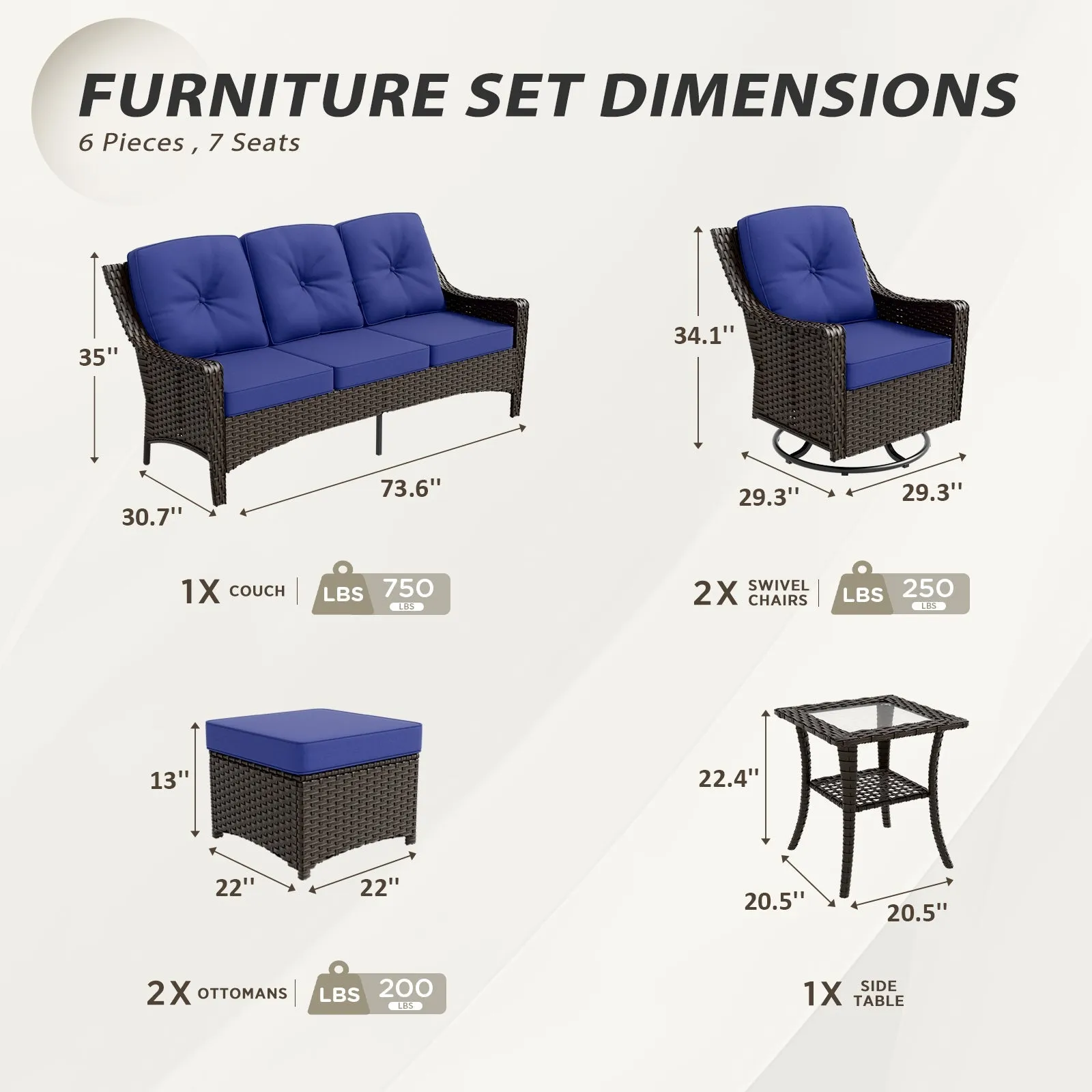 Azure Bay Wicker Outdoor Patio Furniture Set w/Swivel Chairs, 6 Pieces