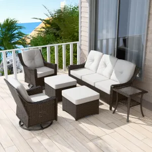 Azure Bay Wicker Outdoor Patio Furniture Set w/Swivel Chairs, 6 Pieces