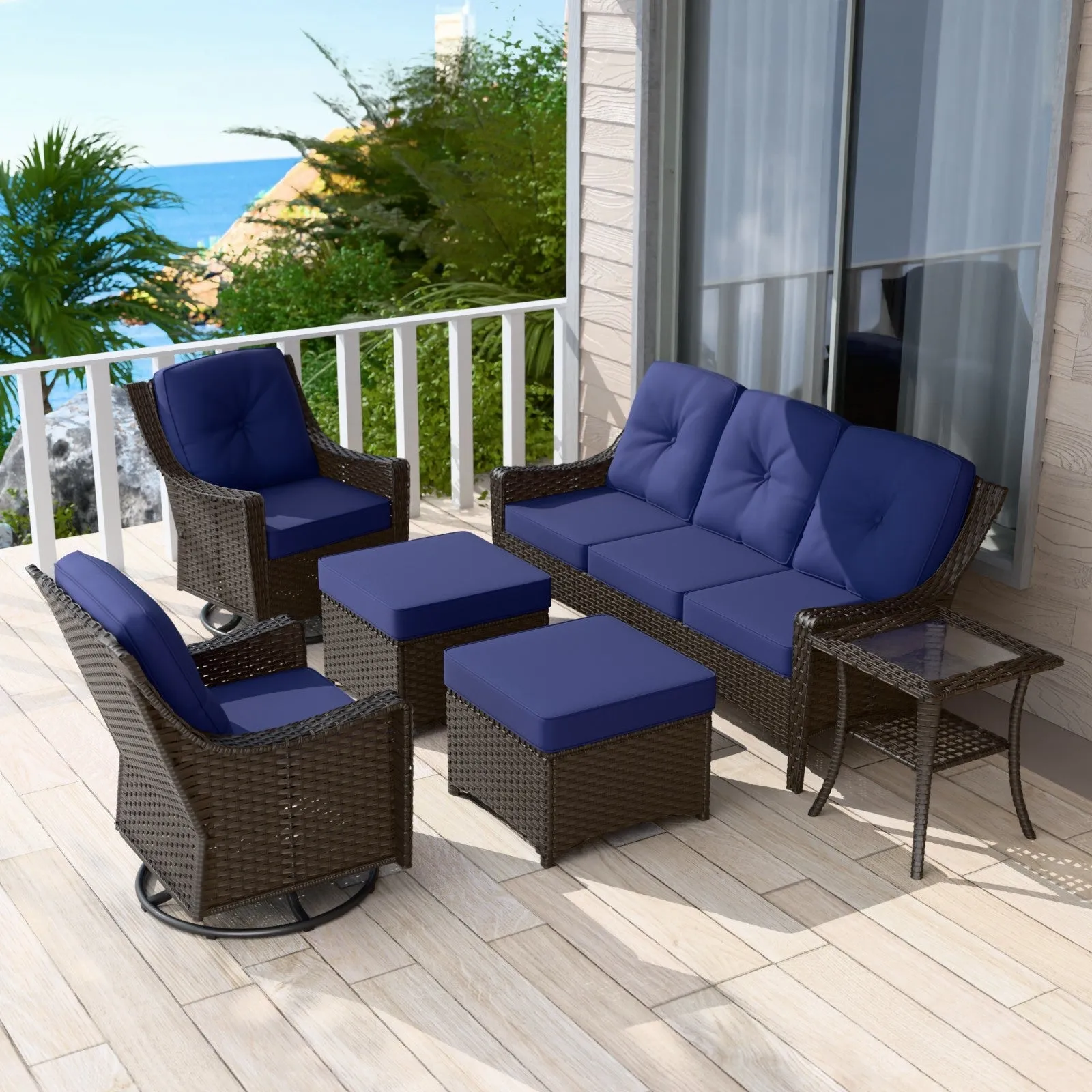 Azure Bay Wicker Outdoor Patio Furniture Set w/Swivel Chairs, 6 Pieces