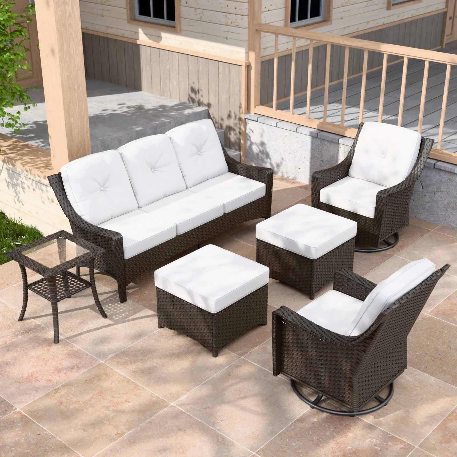 Azure Bay Wicker Outdoor Patio Furniture Set w/Swivel Chairs, 6 Pieces