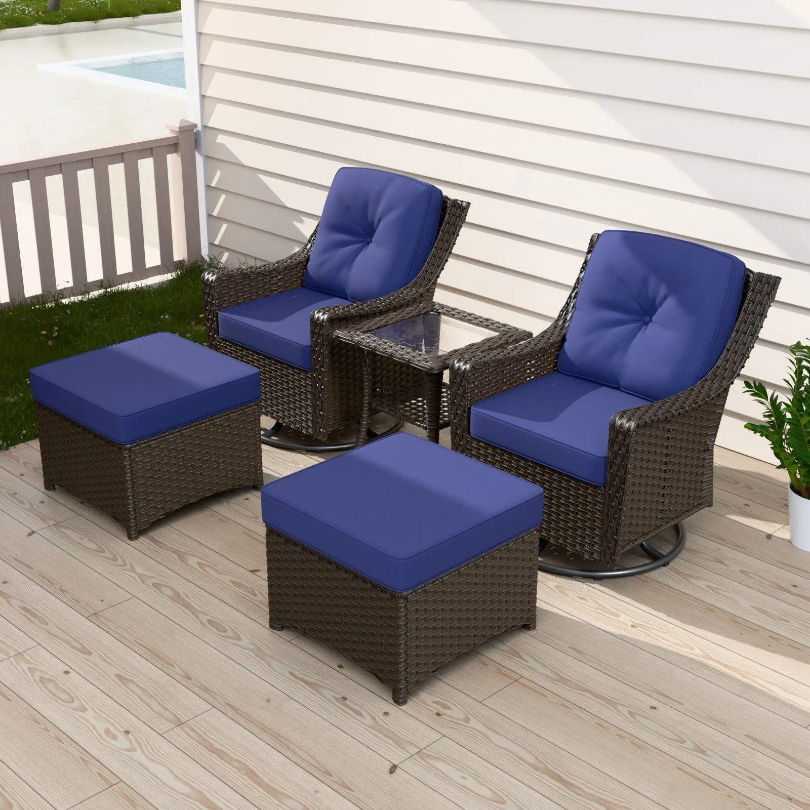 Azure Bay Wicker Outdoor Patio Furniture Set w/Swivel Rocking Chairs, 5 Pieces