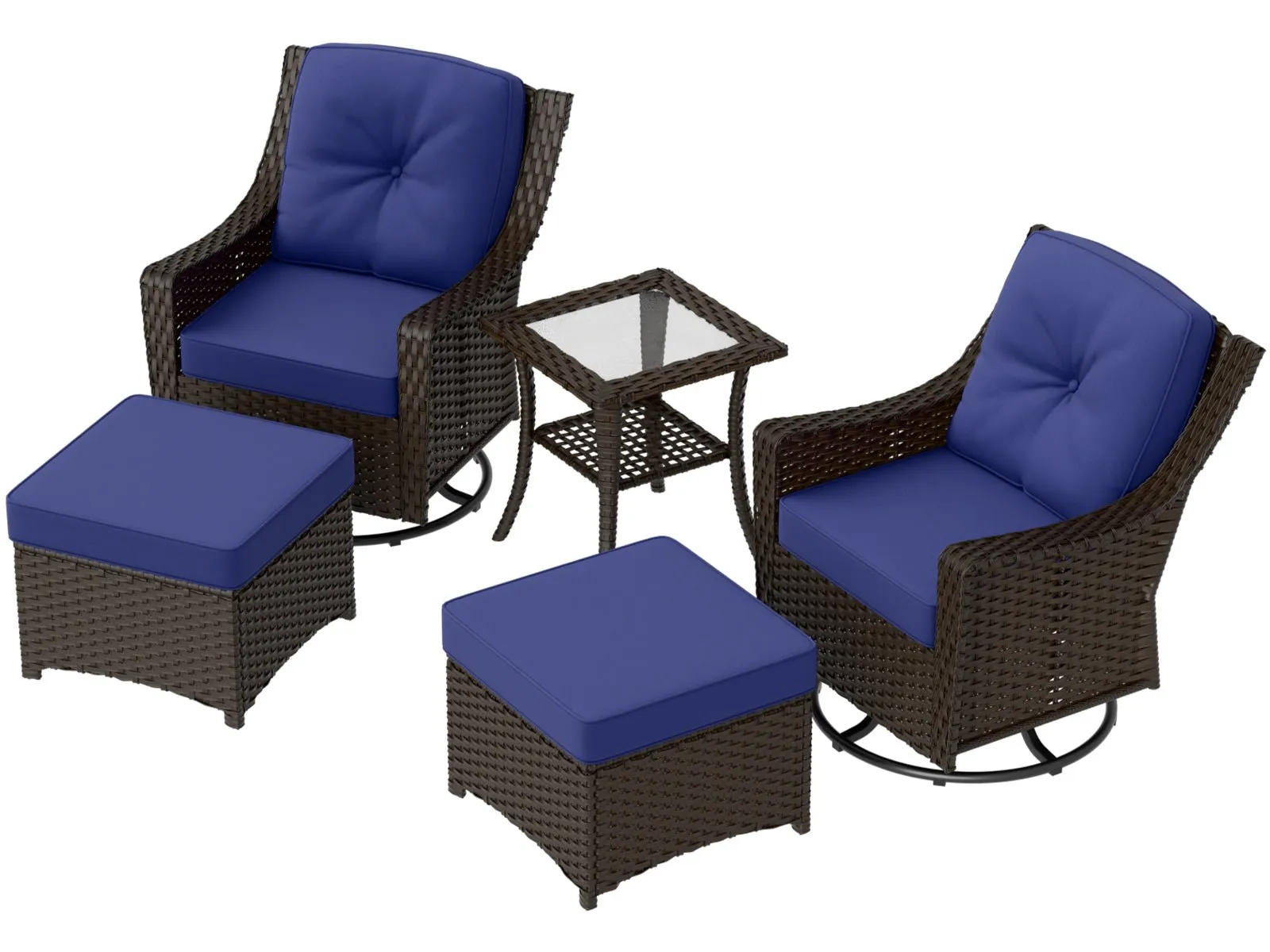 Azure Bay Wicker Outdoor Patio Furniture Set w/Swivel Rocking Chairs, 5 Pieces