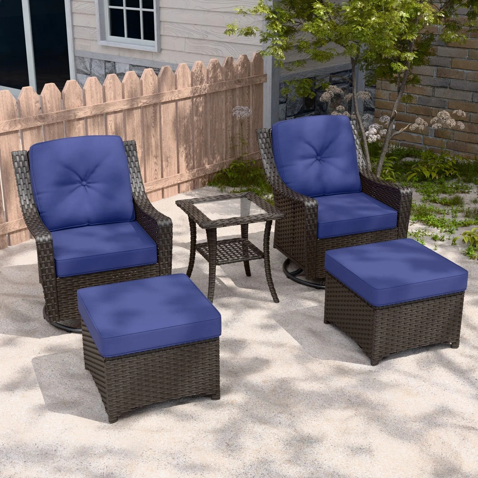 Azure Bay Wicker Outdoor Patio Furniture Set w/Swivel Rocking Chairs, 5 Pieces