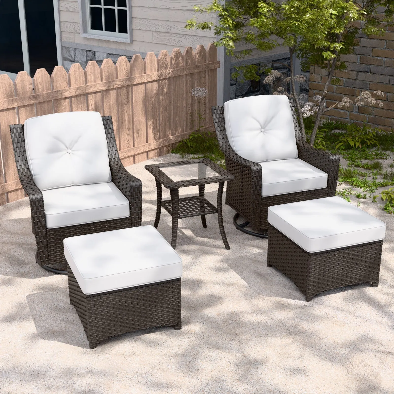 Azure Bay Wicker Outdoor Patio Furniture Set w/Swivel Rocking Chairs, 5 Pieces