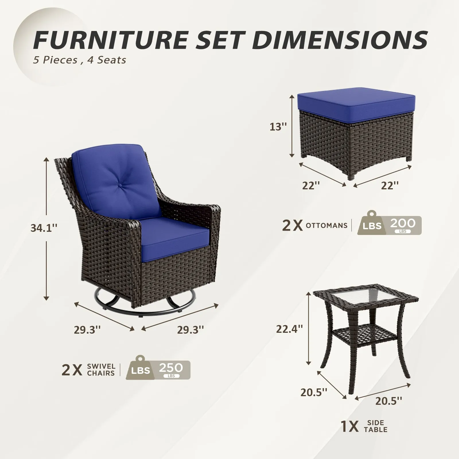 Azure Bay Wicker Outdoor Patio Furniture Set w/Swivel Rocking Chairs, 5 Pieces