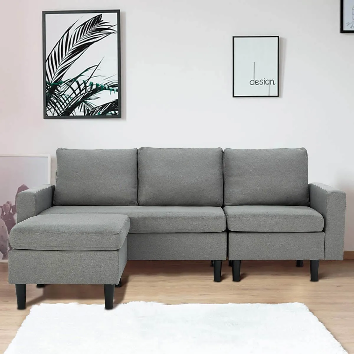 Enlarged Convertible Sectional Sofa Couch, 3-seat Sofa Couch with Ottoman, L-Shaped Sofa in Modern Linen Fabric, Gray