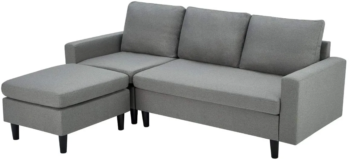 Enlarged Convertible Sectional Sofa Couch, 3-seat Sofa Couch with Ottoman, L-Shaped Sofa in Modern Linen Fabric, Gray