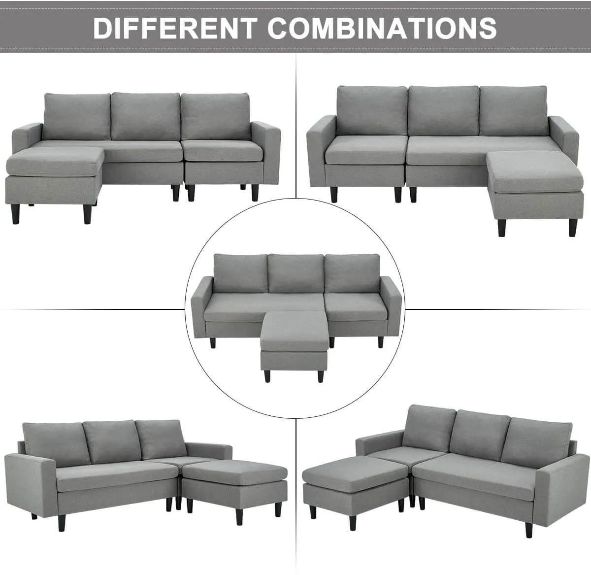 Enlarged Convertible Sectional Sofa Couch, 3-seat Sofa Couch with Ottoman, L-Shaped Sofa in Modern Linen Fabric, Gray