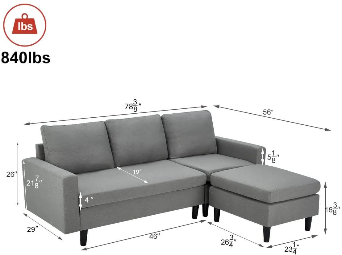 Enlarged Convertible Sectional Sofa Couch, 3-seat Sofa Couch with Ottoman, L-Shaped Sofa in Modern Linen Fabric, Gray