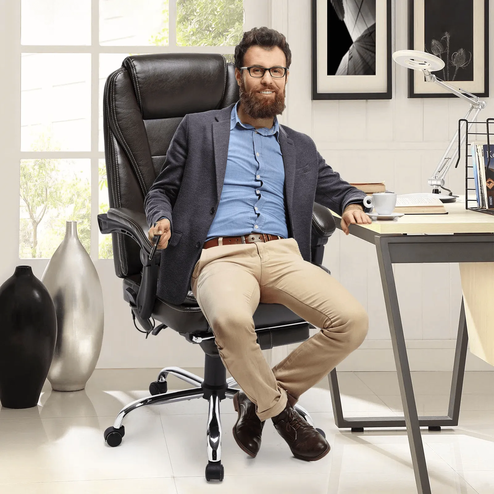 Executive Office Chair, Ergonomic Home Office Desk Chair Big and Tall with Heat and Massage, Brown