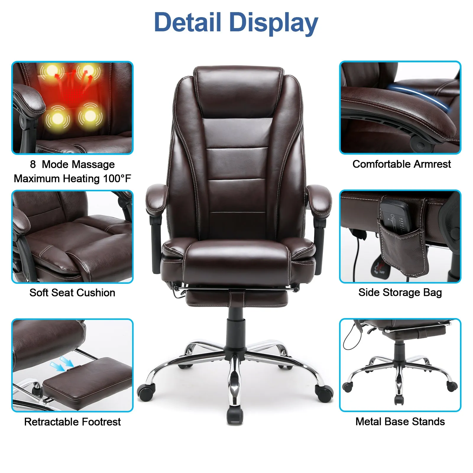 Executive Office Chair, Ergonomic Home Office Desk Chair Big and Tall with Heat and Massage, Brown