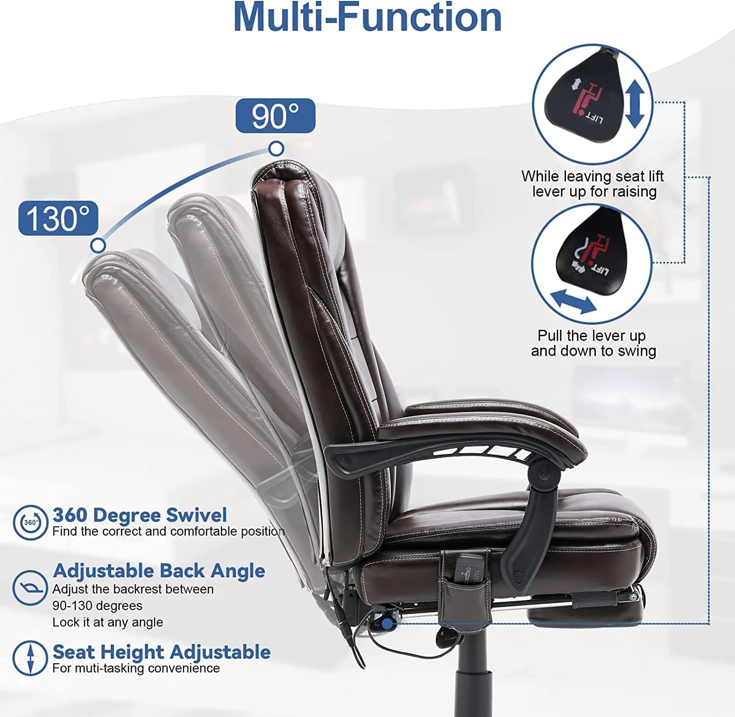 Executive Office Chair, Ergonomic Home Office Desk Chair Big and Tall with Heat and Massage, Brown