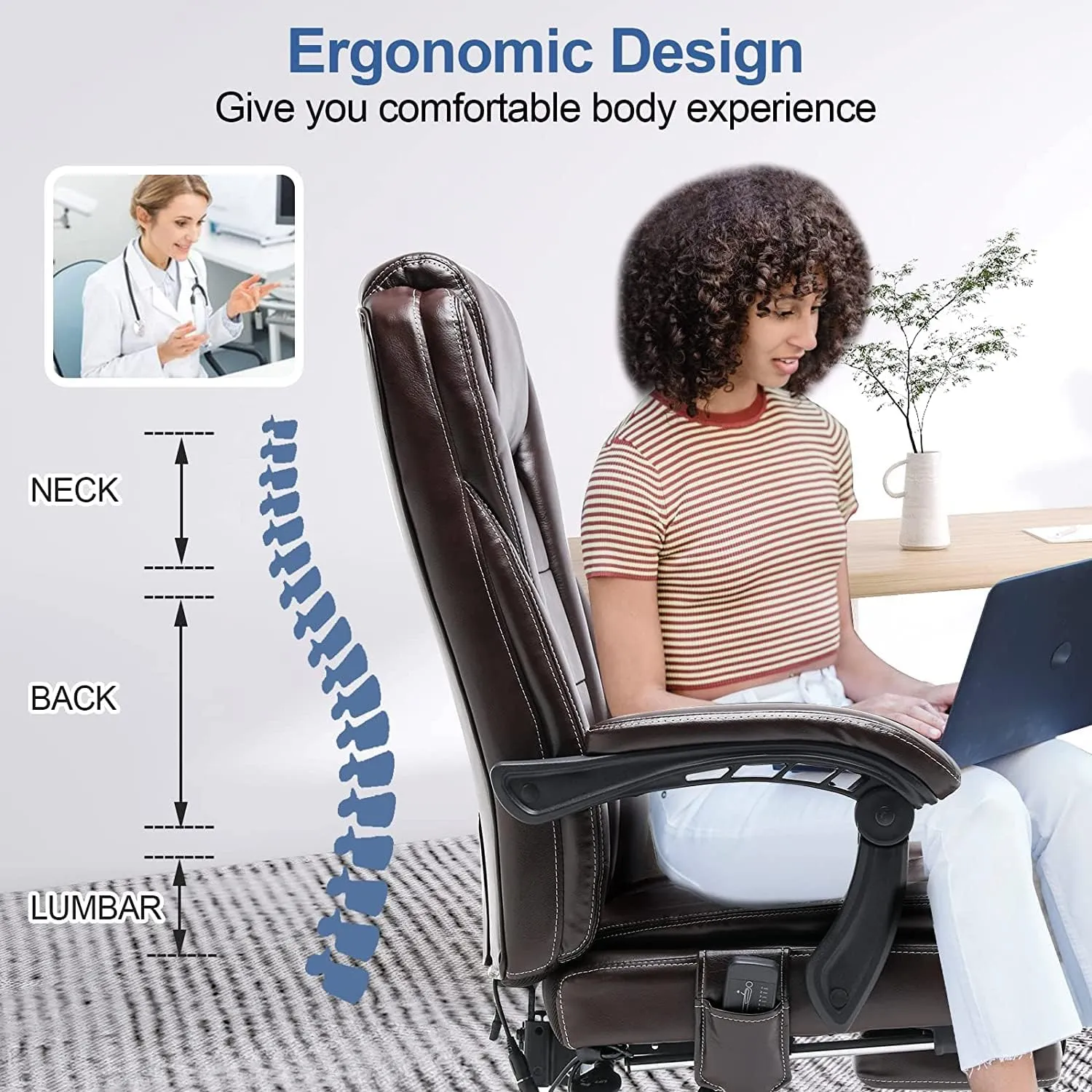 Executive Office Chair, Ergonomic Home Office Desk Chair Big and Tall with Heat and Massage, Brown