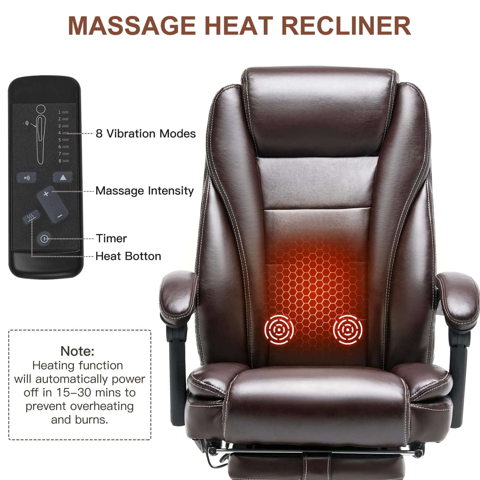 Executive Office Chair, Ergonomic Home Office Desk Chair Big and Tall with Heat and Massage, Brown