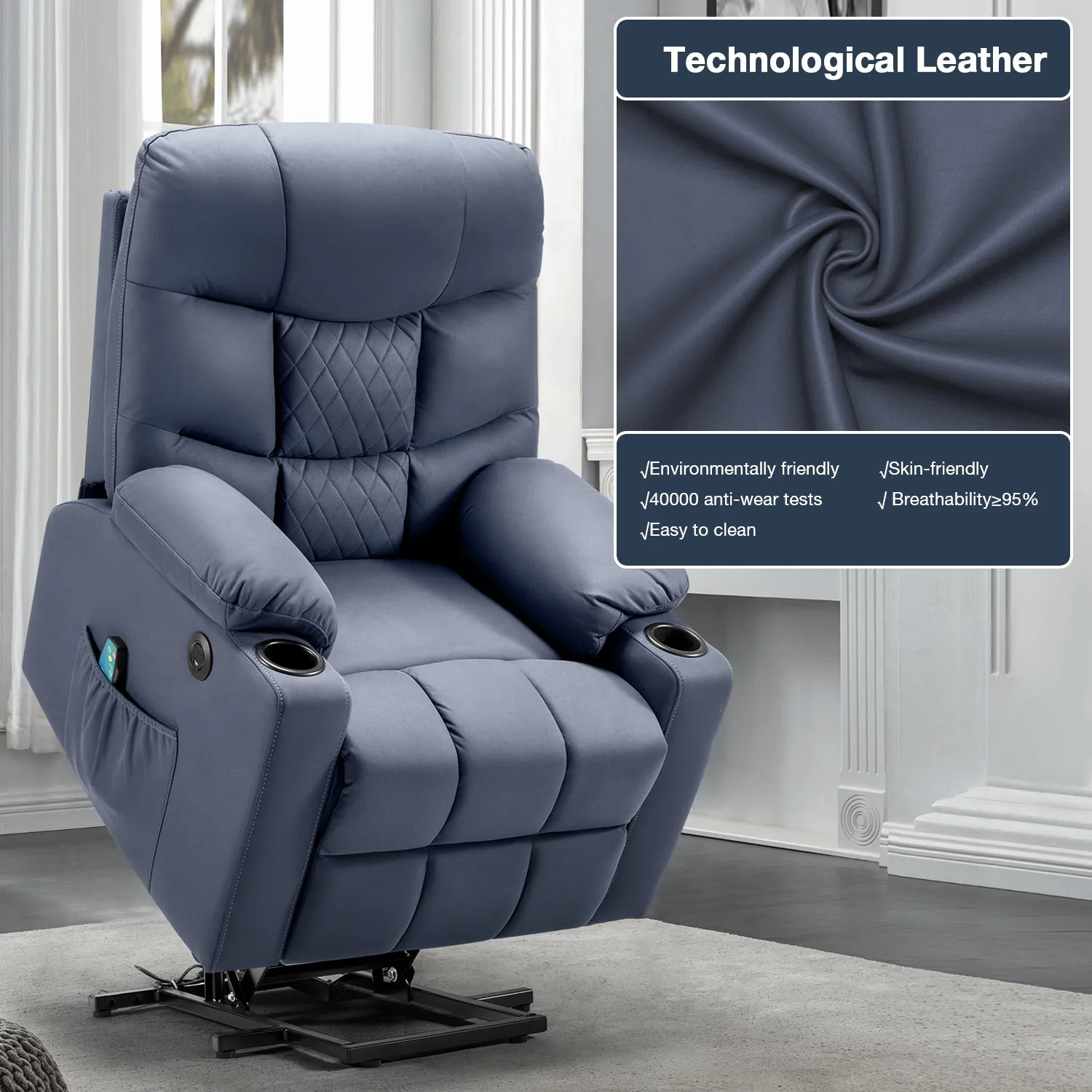 Homrest Electric Power Lift Recliner Chair Sofa with Massage and Heat, Recliner Sofa with 3 Positions Cup Holders, USB Ports(Blue)
