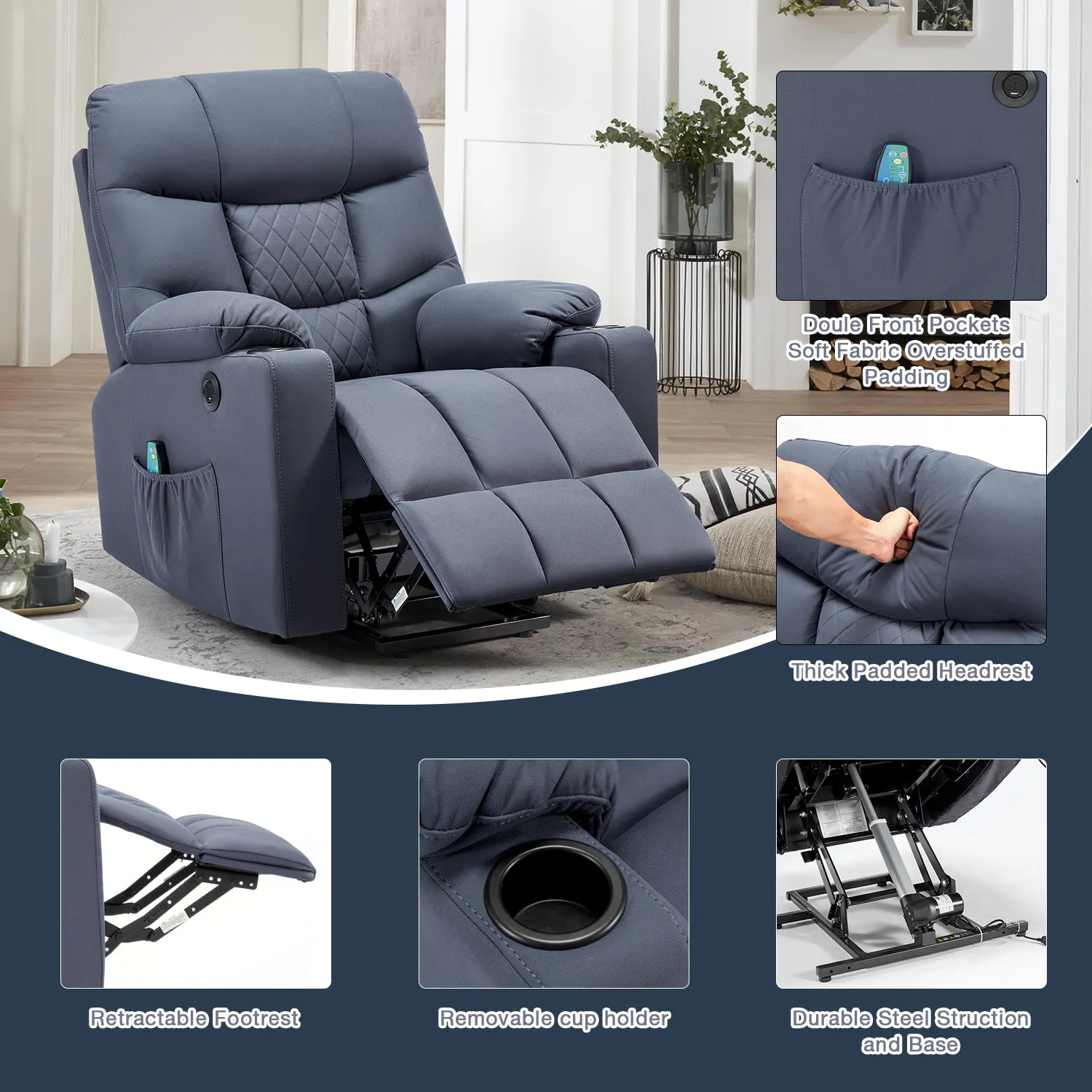 Homrest Electric Power Lift Recliner Chair Sofa with Massage and Heat, Recliner Sofa with 3 Positions Cup Holders, USB Ports(Blue)