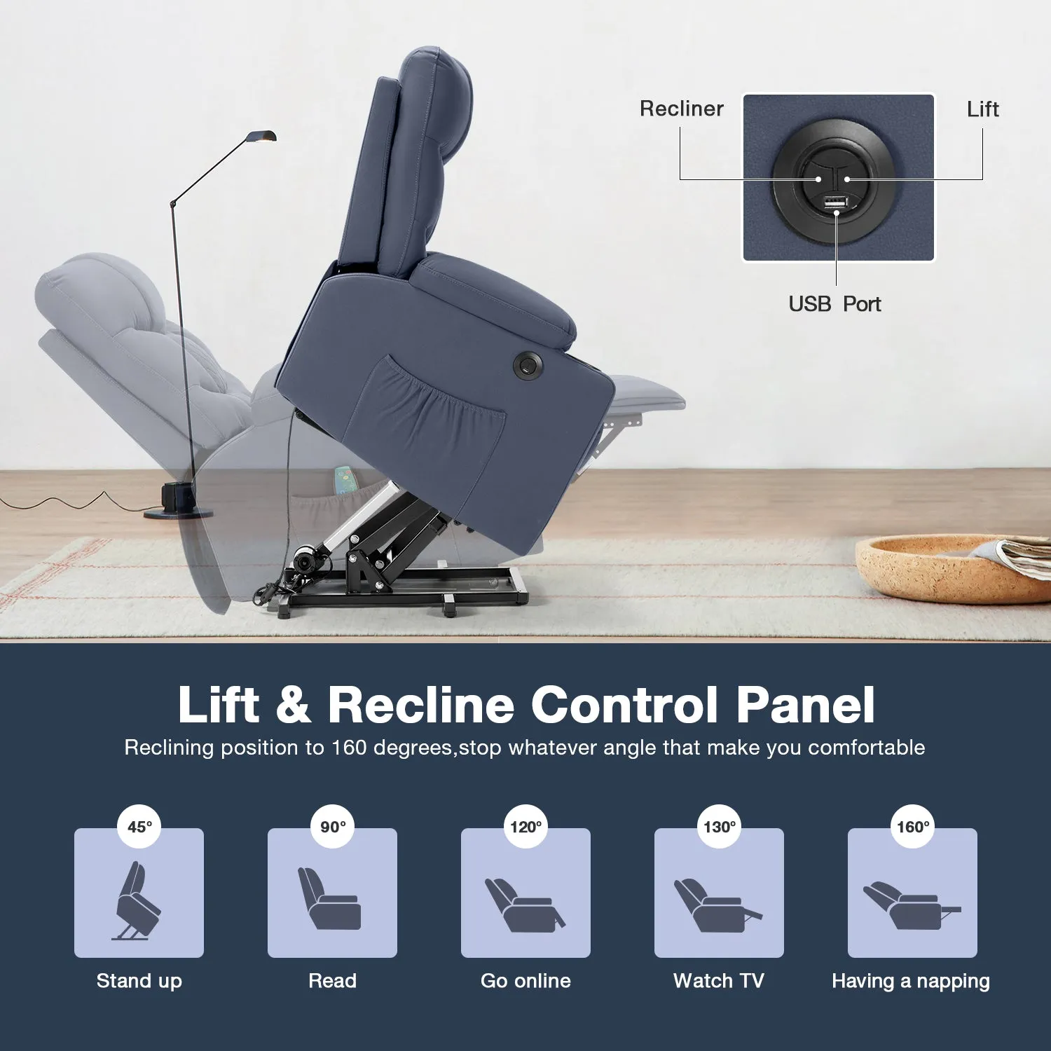 Homrest Electric Power Lift Recliner Chair Sofa with Massage and Heat, Recliner Sofa with 3 Positions Cup Holders, USB Ports(Blue)