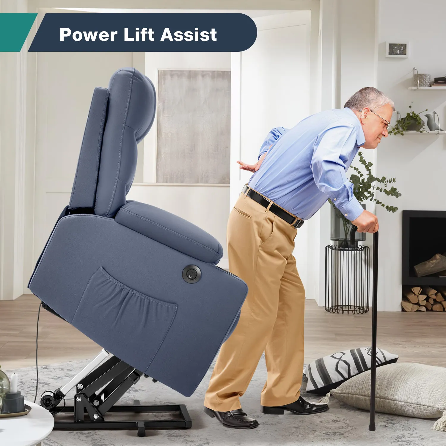 Homrest Electric Power Lift Recliner Chair Sofa with Massage and Heat, Recliner Sofa with 3 Positions Cup Holders, USB Ports(Blue)