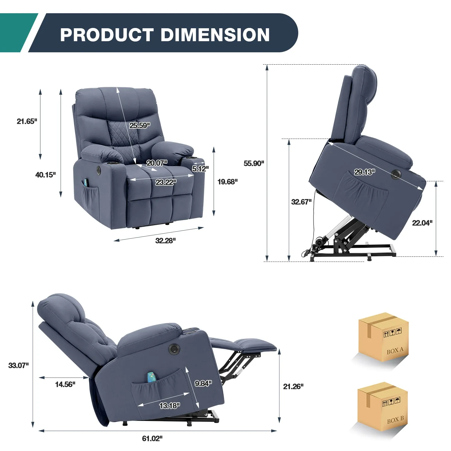 Homrest Electric Power Lift Recliner Chair Sofa with Massage and Heat, Recliner Sofa with 3 Positions Cup Holders, USB Ports(Blue)
