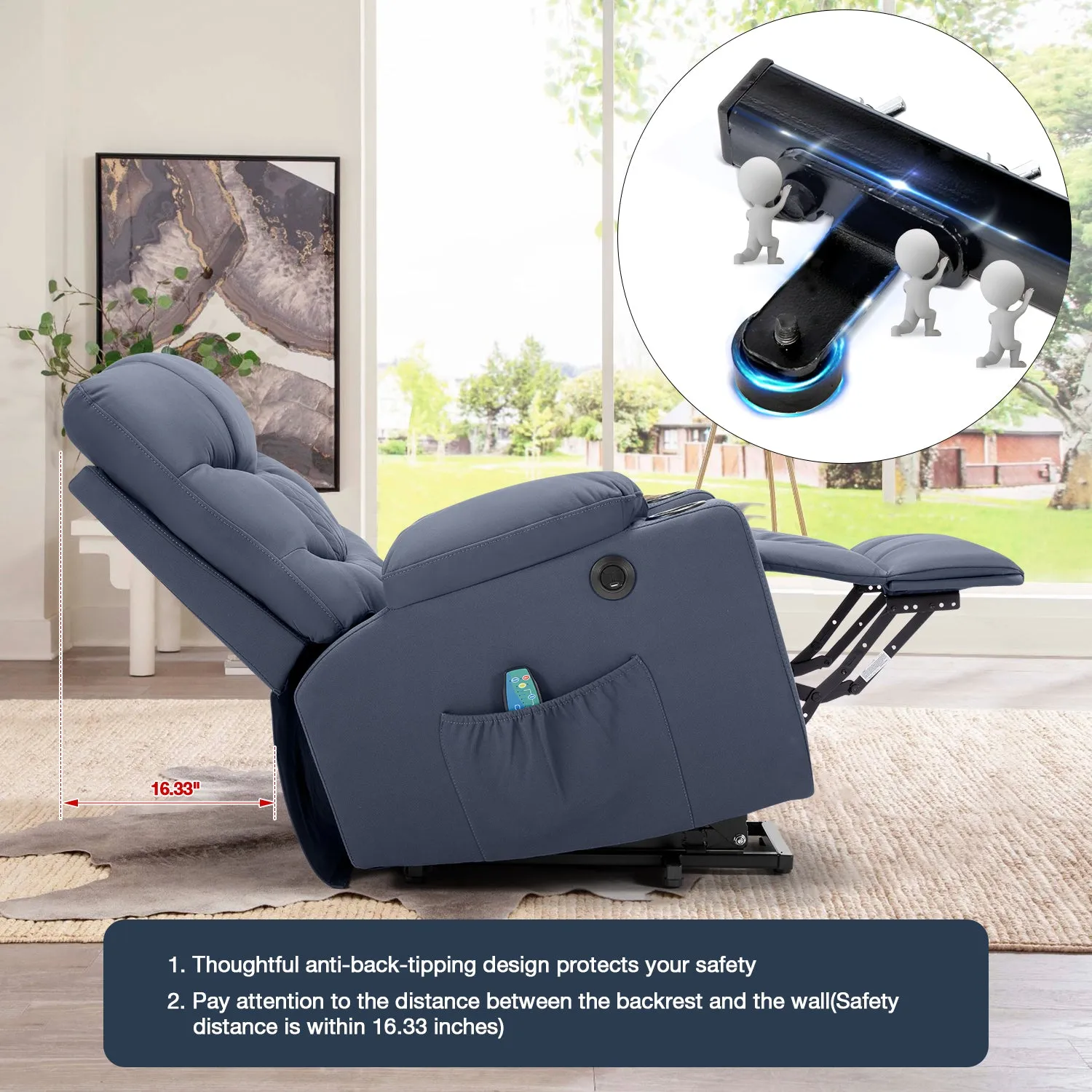 Homrest Electric Power Lift Recliner Chair Sofa with Massage and Heat, Recliner Sofa with 3 Positions Cup Holders, USB Ports(Blue)