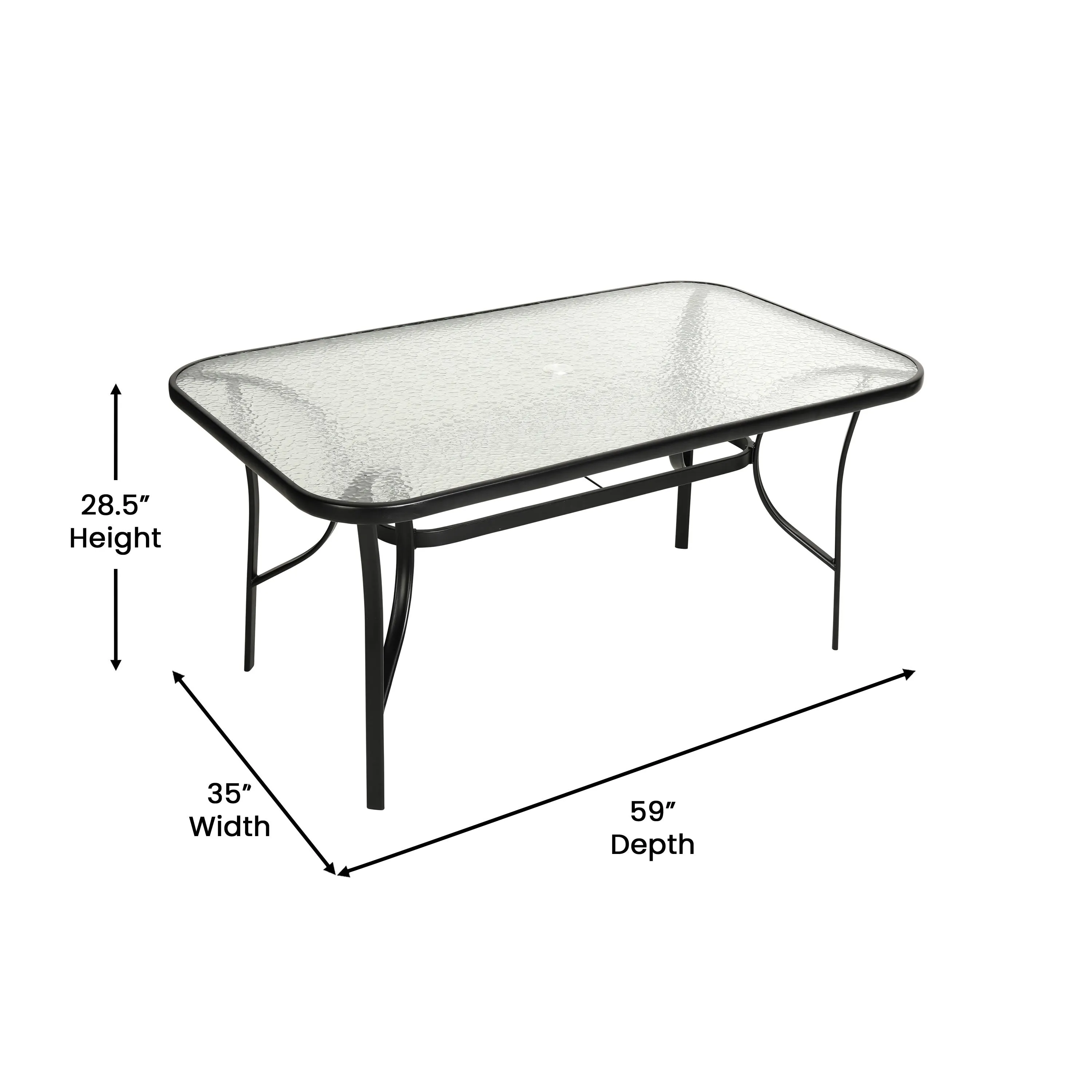 Lila 7 Piece Commercial Outdoor Patio Dining Set with Tempered Glass Patio Table with Umbrella Hole and 6 Triple Slat Chairs