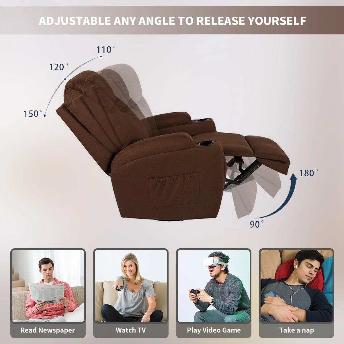 Massage Recliner Chair Fabric Heated Rocker Recliner with Remote Control, Coffee
