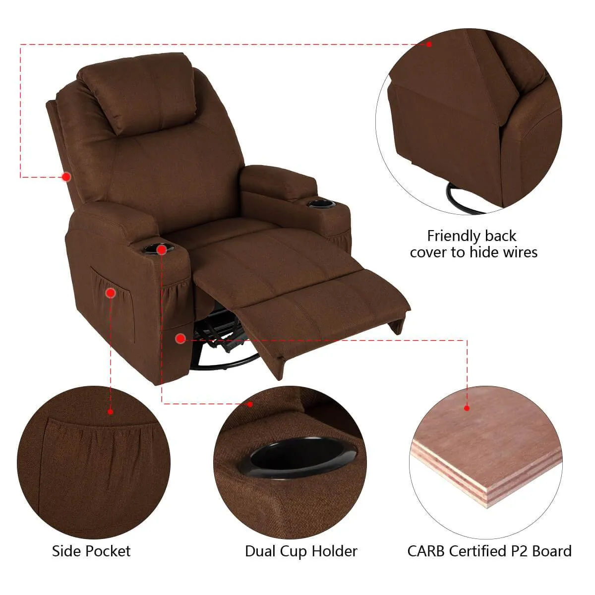 Massage Recliner Chair Fabric Heated Rocker Recliner with Remote Control, Coffee
