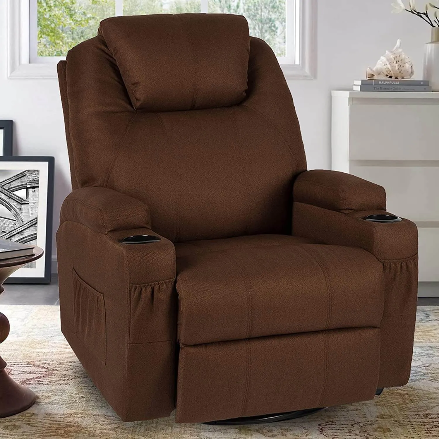 Massage Recliner Chair Fabric Heated Rocker Recliner with Remote Control, Coffee