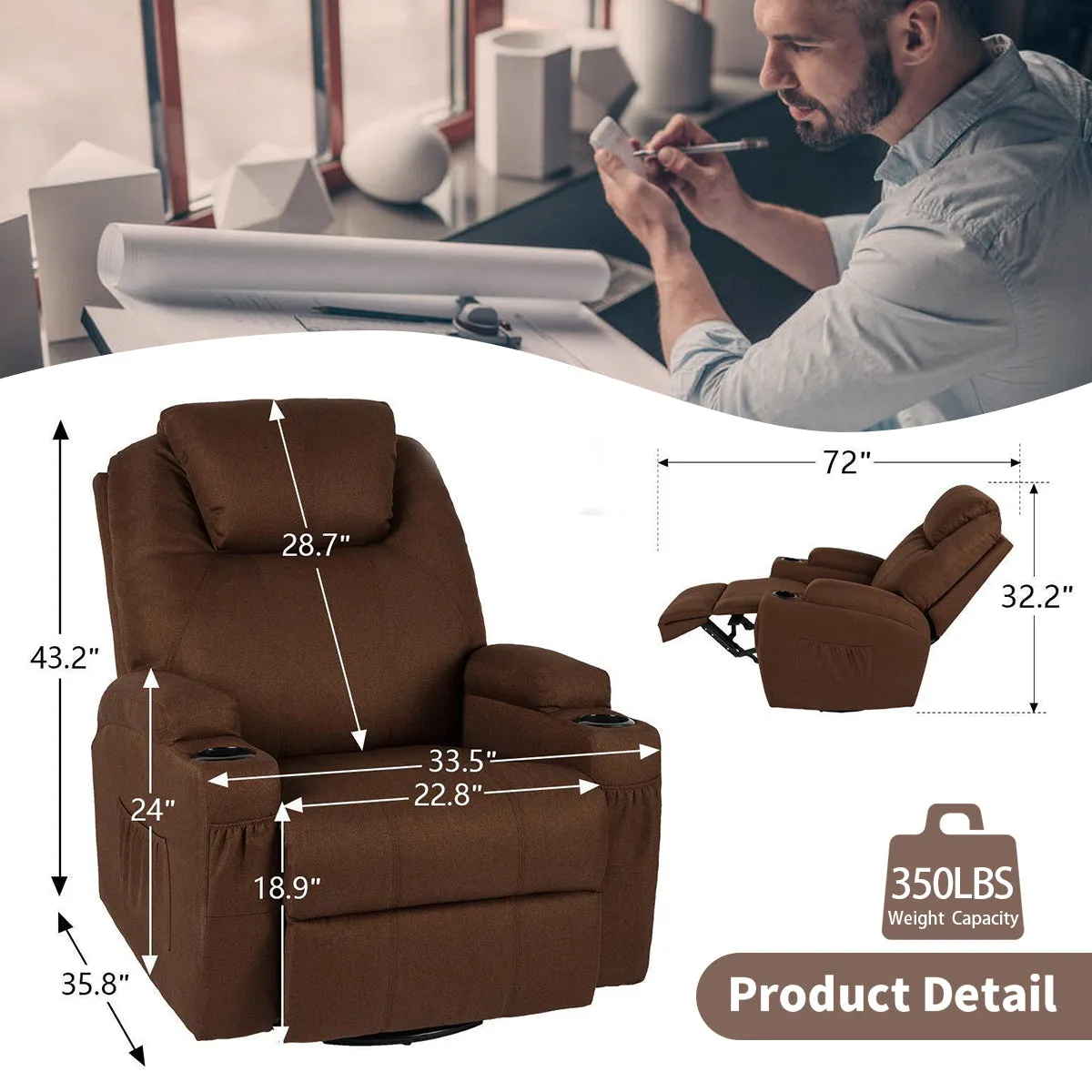 Massage Recliner Chair Fabric Heated Rocker Recliner with Remote Control, Coffee